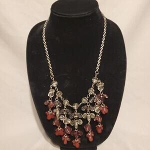Layered Clear, Pink and Maroon Bead Necklace 20” With 2" - 3" Drop Beads